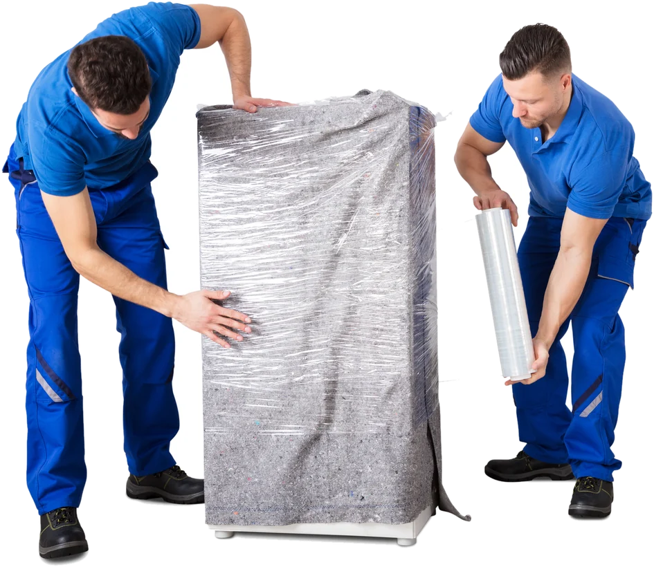 Tough Cookie Moving crew shrink-wrapping a refrigerator for transport